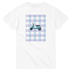 White women's graphic tee featuring a retro teal scooter on a pastel blue and purple gingham background.