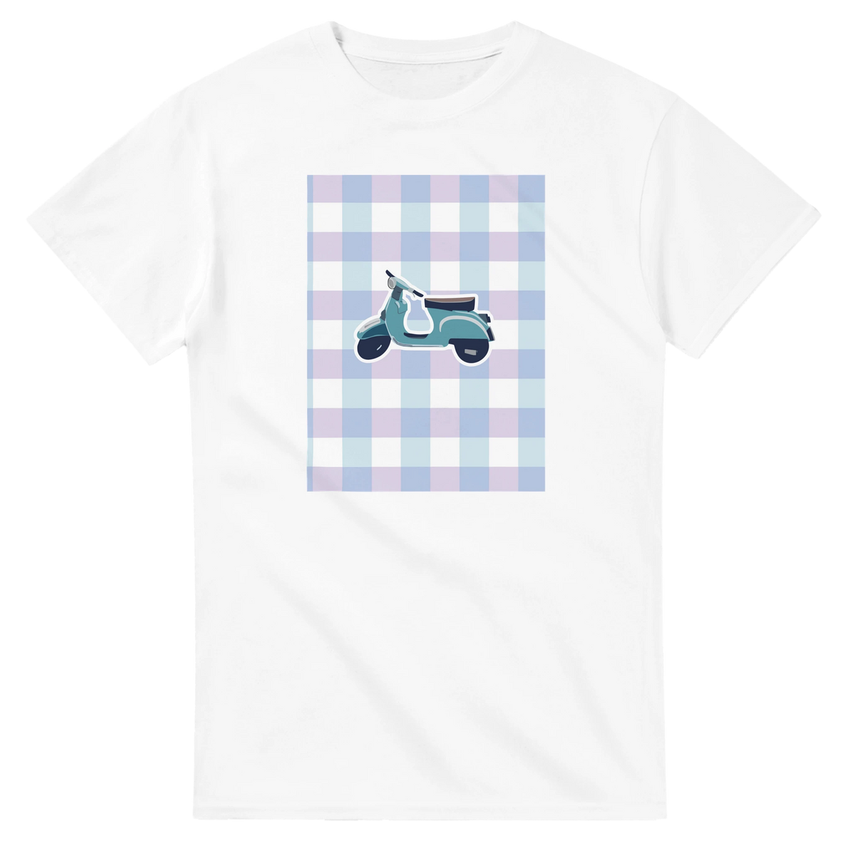 White women's graphic tee featuring a retro teal scooter on a pastel blue and purple gingham background.