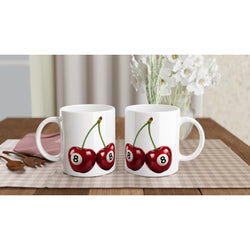 Two white ceramic mugs with the Lucky Cherries Mug Gift For Her design and vivid cherry print.