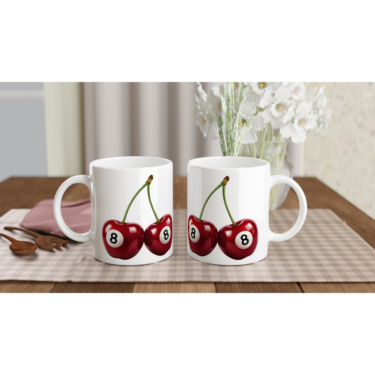 Two white ceramic mugs with the Lucky Cherries Mug Gift For Her design and vivid cherry print.