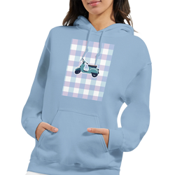Light blue vintage mod hoodie featuring a retro scooter graphic on a pastel gingham check background.