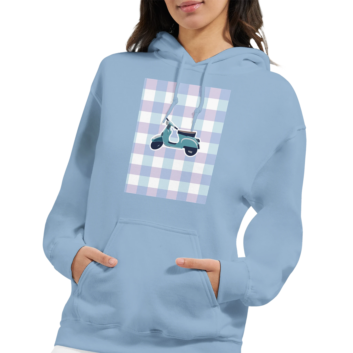 Light blue vintage mod hoodie featuring a retro scooter graphic on a pastel gingham check background.
