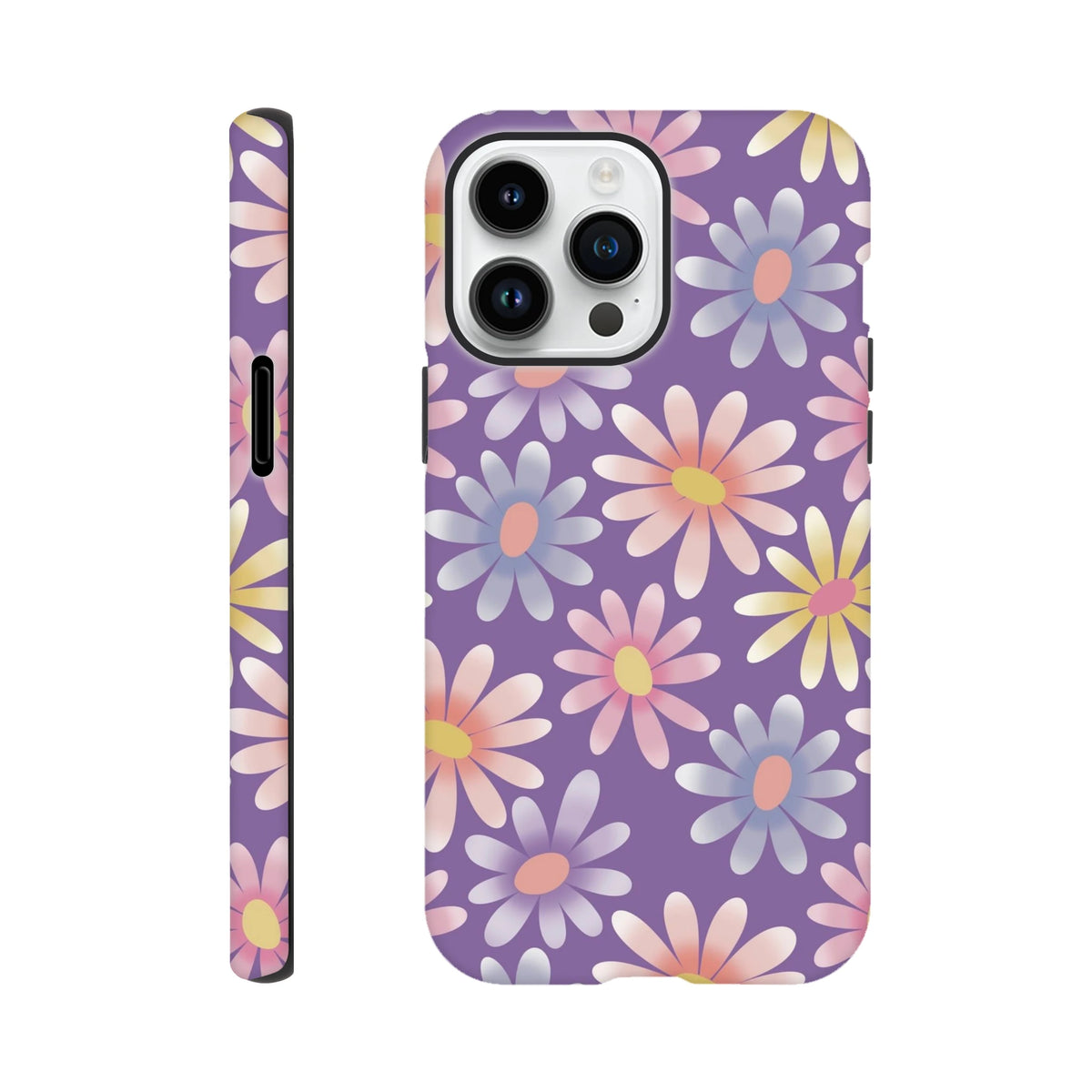 Purple retro floral iPhone case featuring pastel daisy pattern, shock-absorbing TPU tough cover for iPhone 13-16.