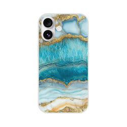 Blue and gold marble iPhone case (13-16) with ocean agate design, slim profile and shock-absorbing protection.