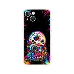 Colorful turbo car culture iPhone case featuring palm trees, a turbocharger, and vibrant paint splatter art on a black background.
