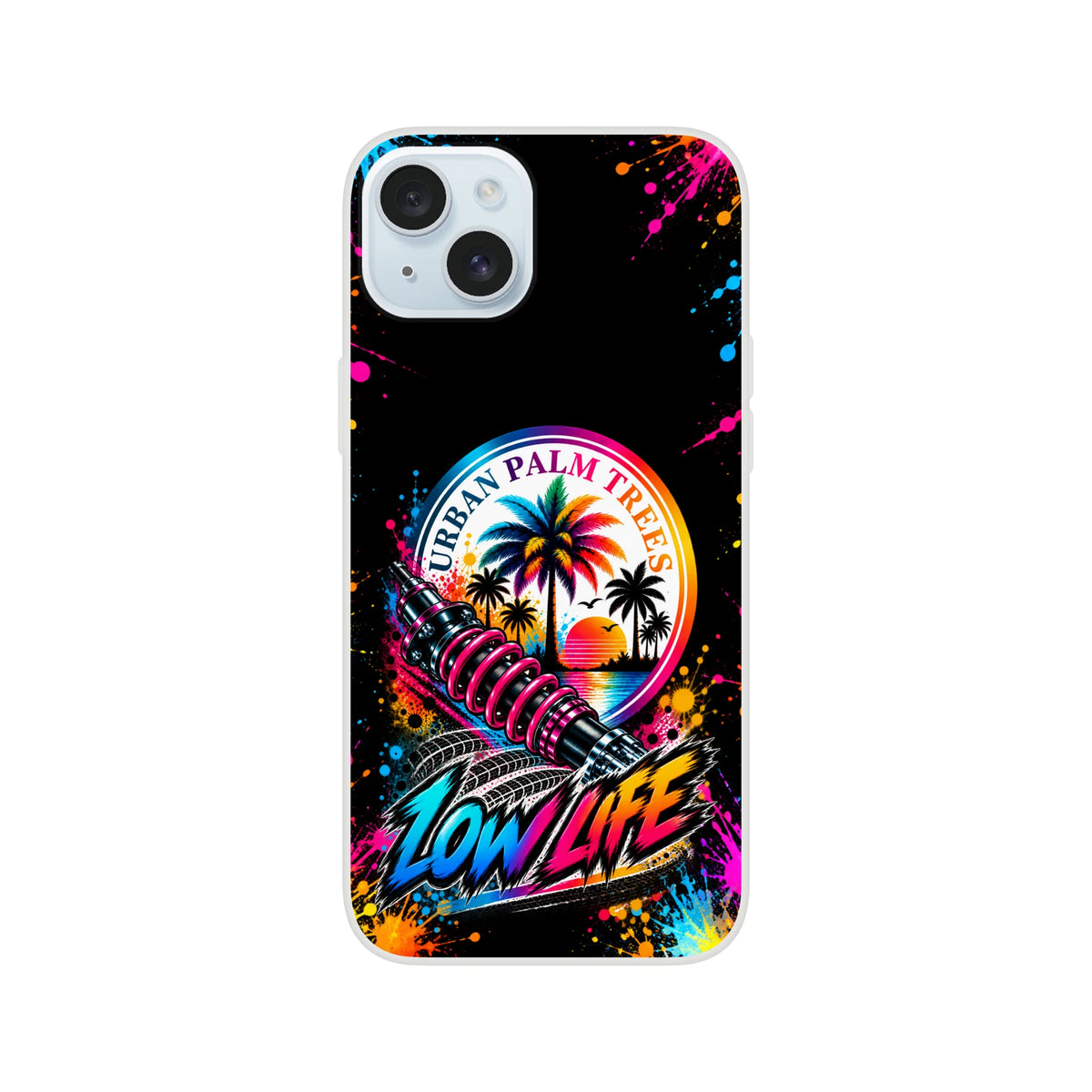 Low Life car culture iPhone case featuring Urban Palm Trees logo, neon shock absorber art, and colorful paint splatter design.