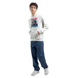 Monkey DJ Men's Graphic Hoodie in white with bold monkey DJ print; 50/50 cotton blend, sizes S-XL.