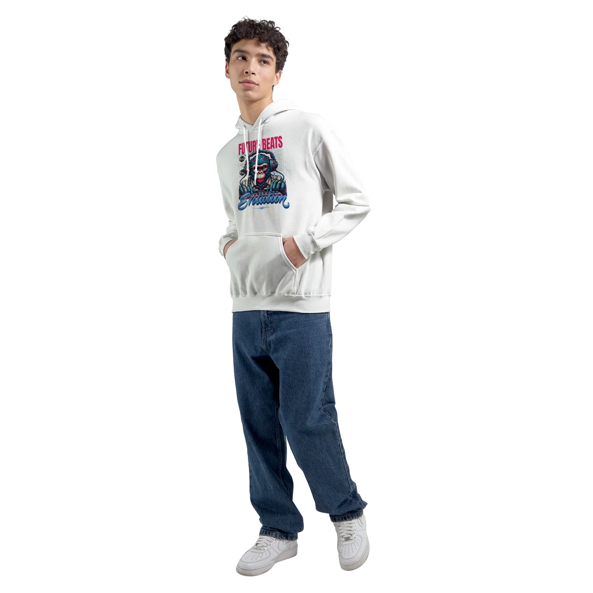 Monkey DJ Men's Graphic Hoodie in white with bold monkey DJ print; 50/50 cotton blend, sizes S-XL.