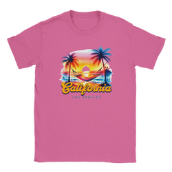 Pink retro California T-shirt with sunset palm trees graphic and bold California script