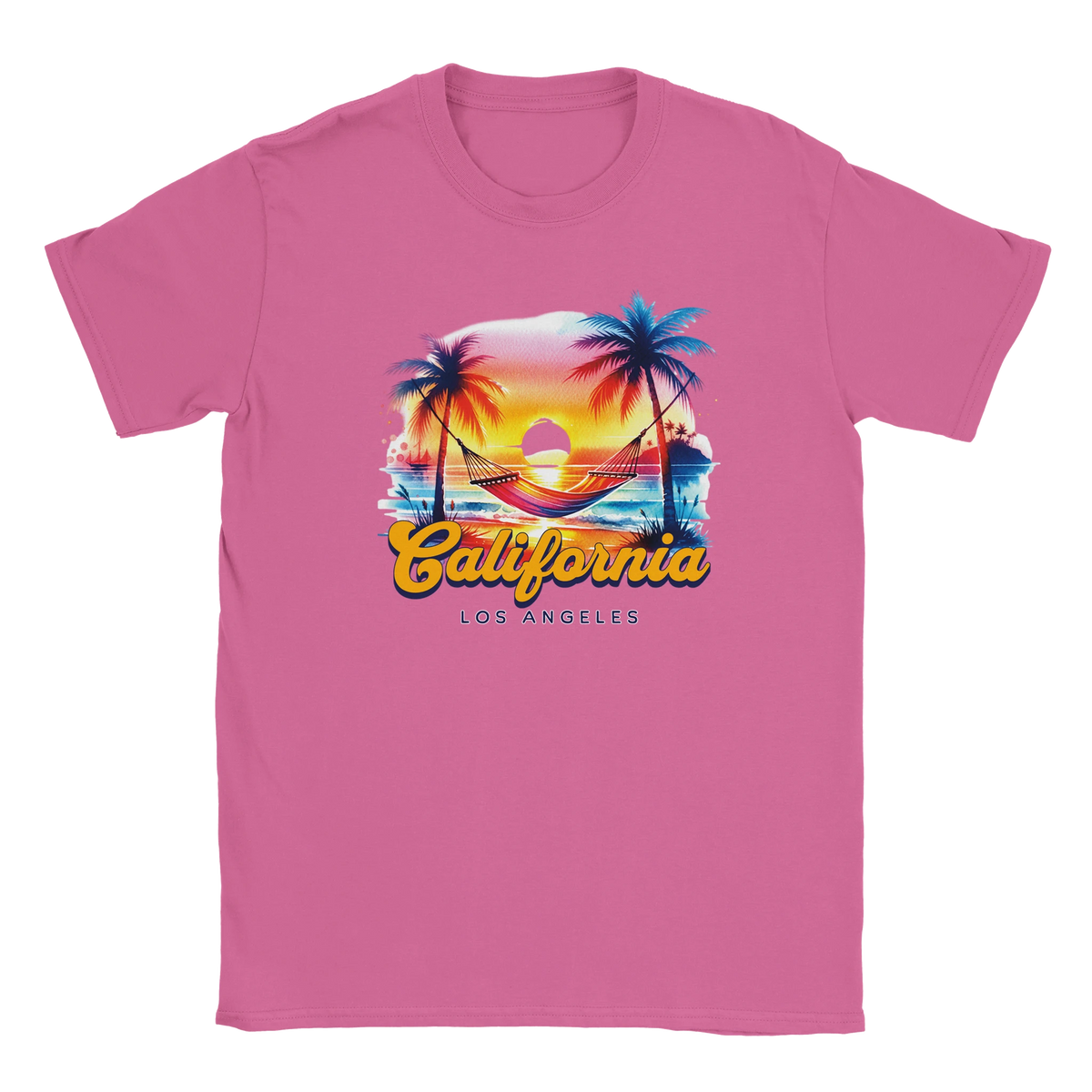 Pink retro California T-shirt with sunset palm trees graphic and bold California script