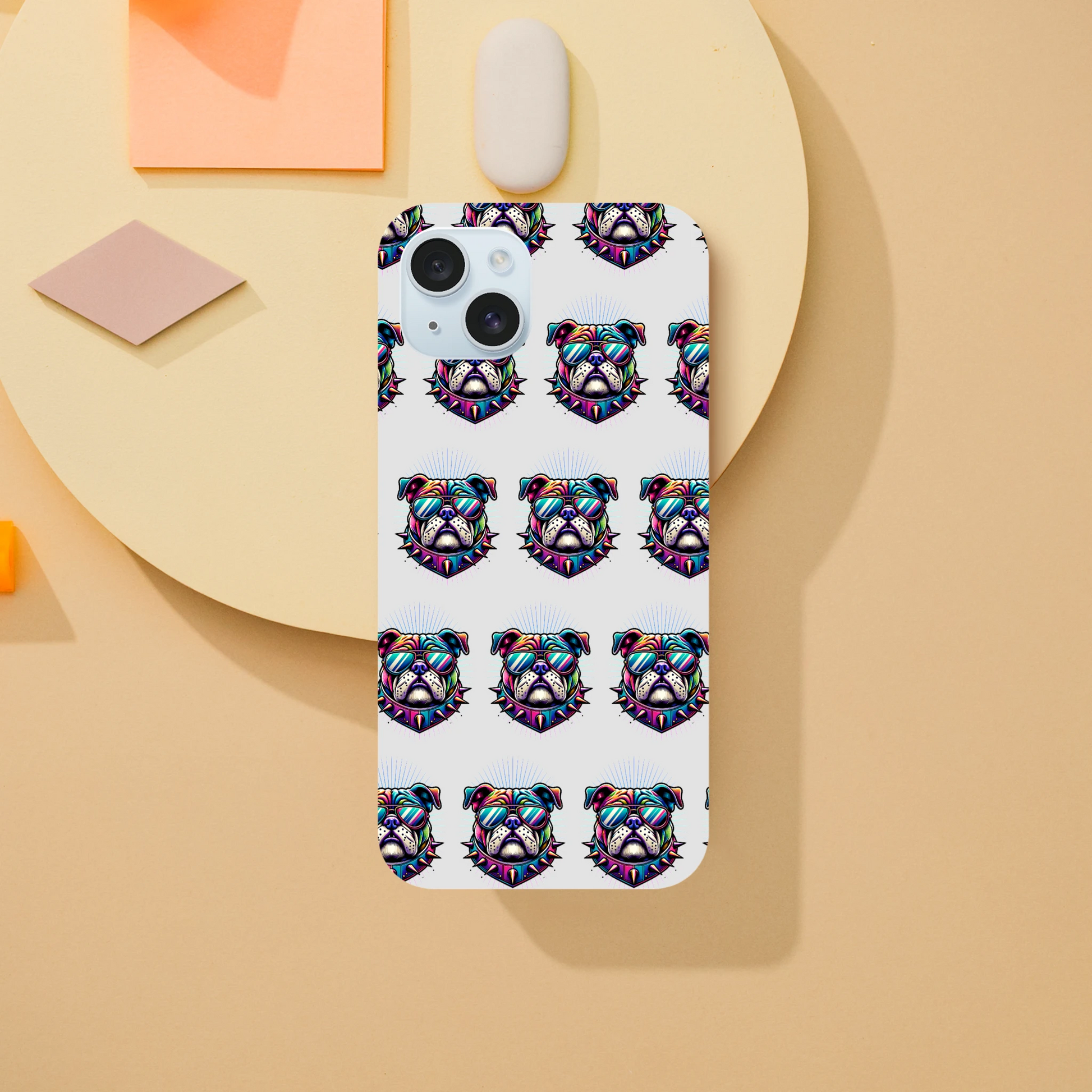 Tough protective bull dog phone case with glossy wraparound print featuring neon bulldog faces for iPhone 16 15 14 13