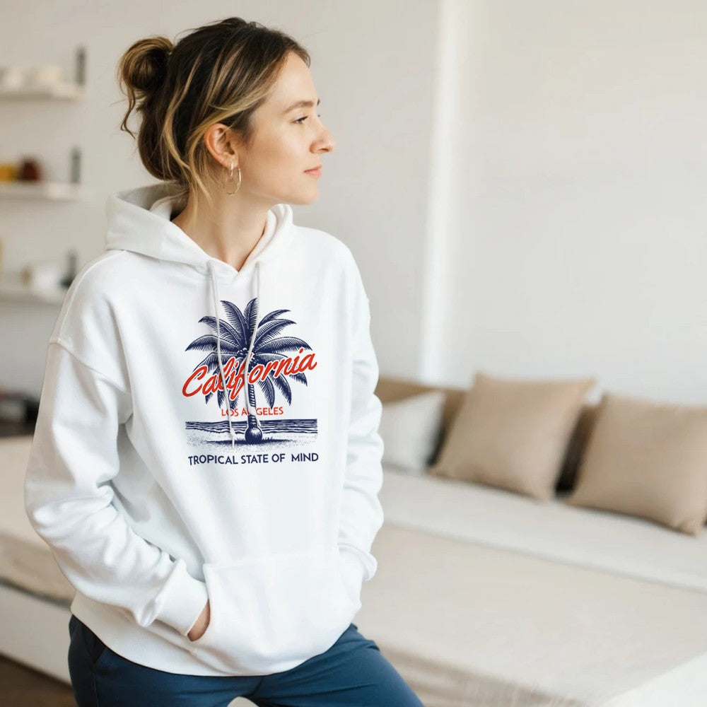 White Palm Tree Women's Hoodie with California palm graphic, casual indoor wear.