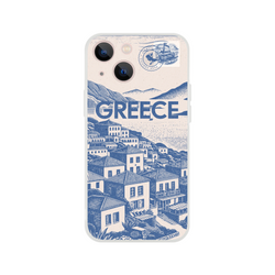 Vintage Greece postcard iPhone case for 13-16 with blue hillside town illustration.