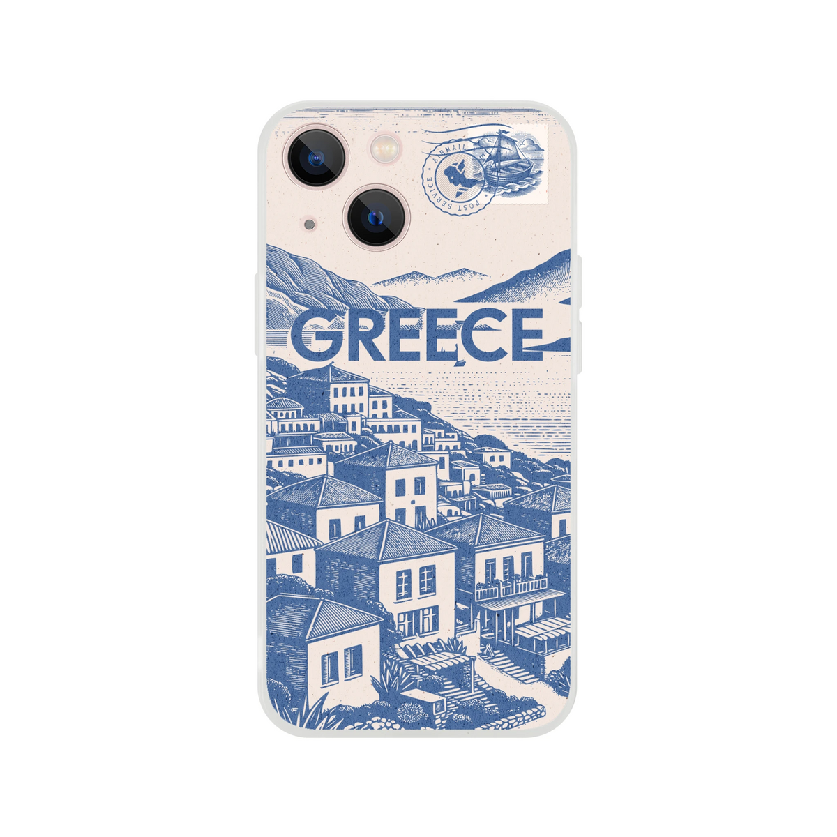 Vintage Greece postcard iPhone case for 13-16 with blue hillside town illustration.