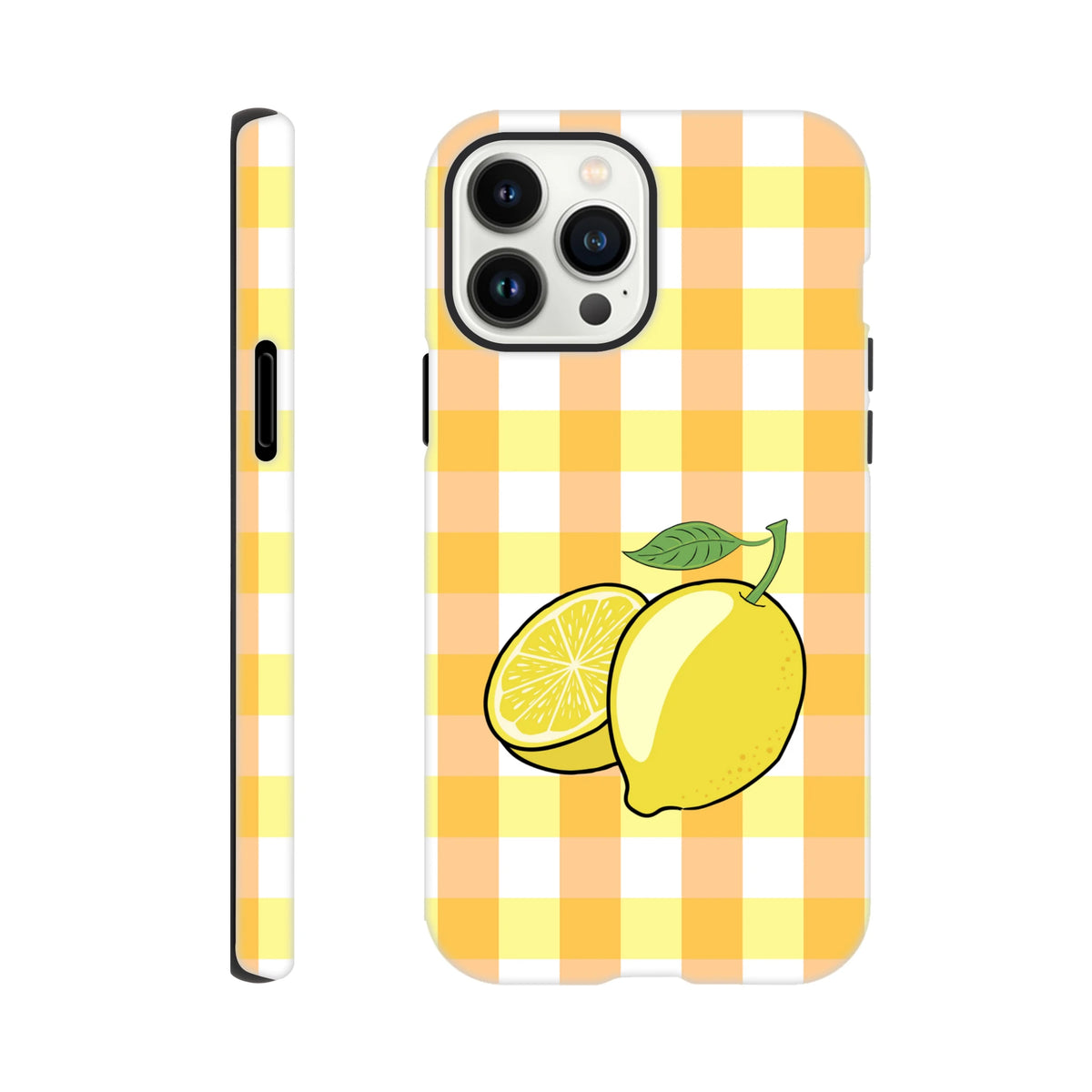 Yellow and white gingham iPhone case featuring a whole and sliced lemon graphic with drop protection for models 13-16.