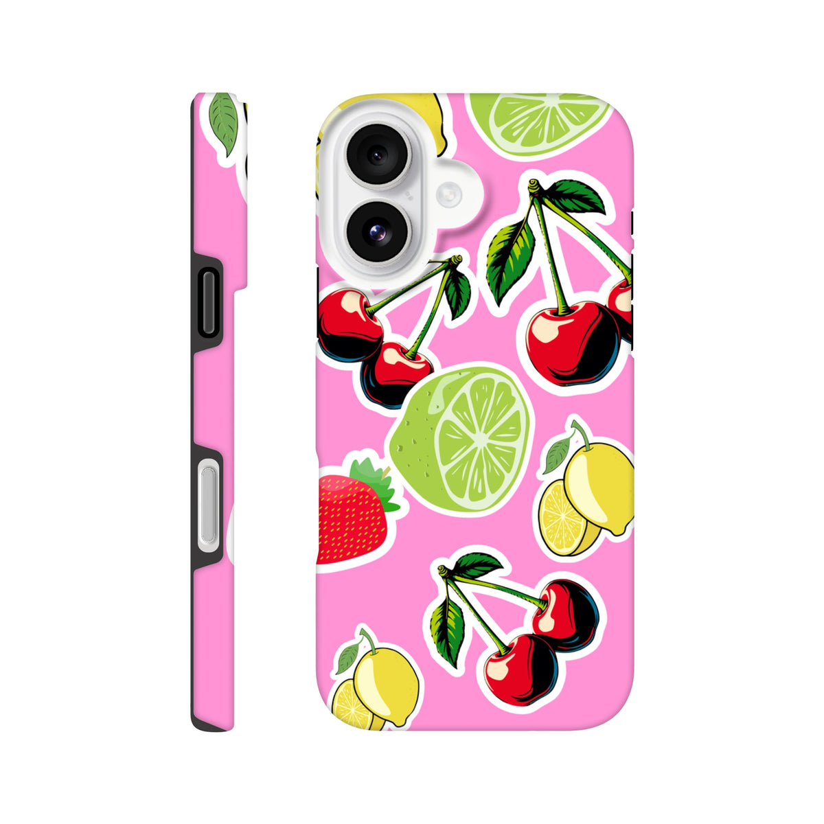 Pink tough iPhone case featuring sticker effect cherry, lime, lemon, and strawberry design for streetwear style.