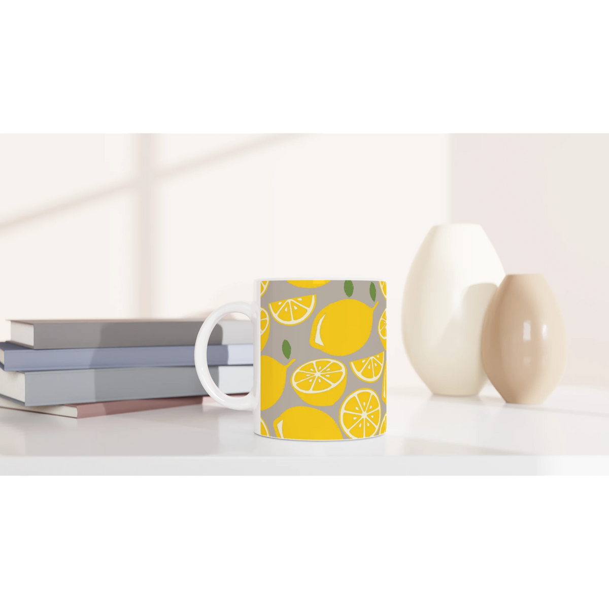 Cute lemon-patterned ceramic mug with yellow citrus slices, perfect for coffee or tea.