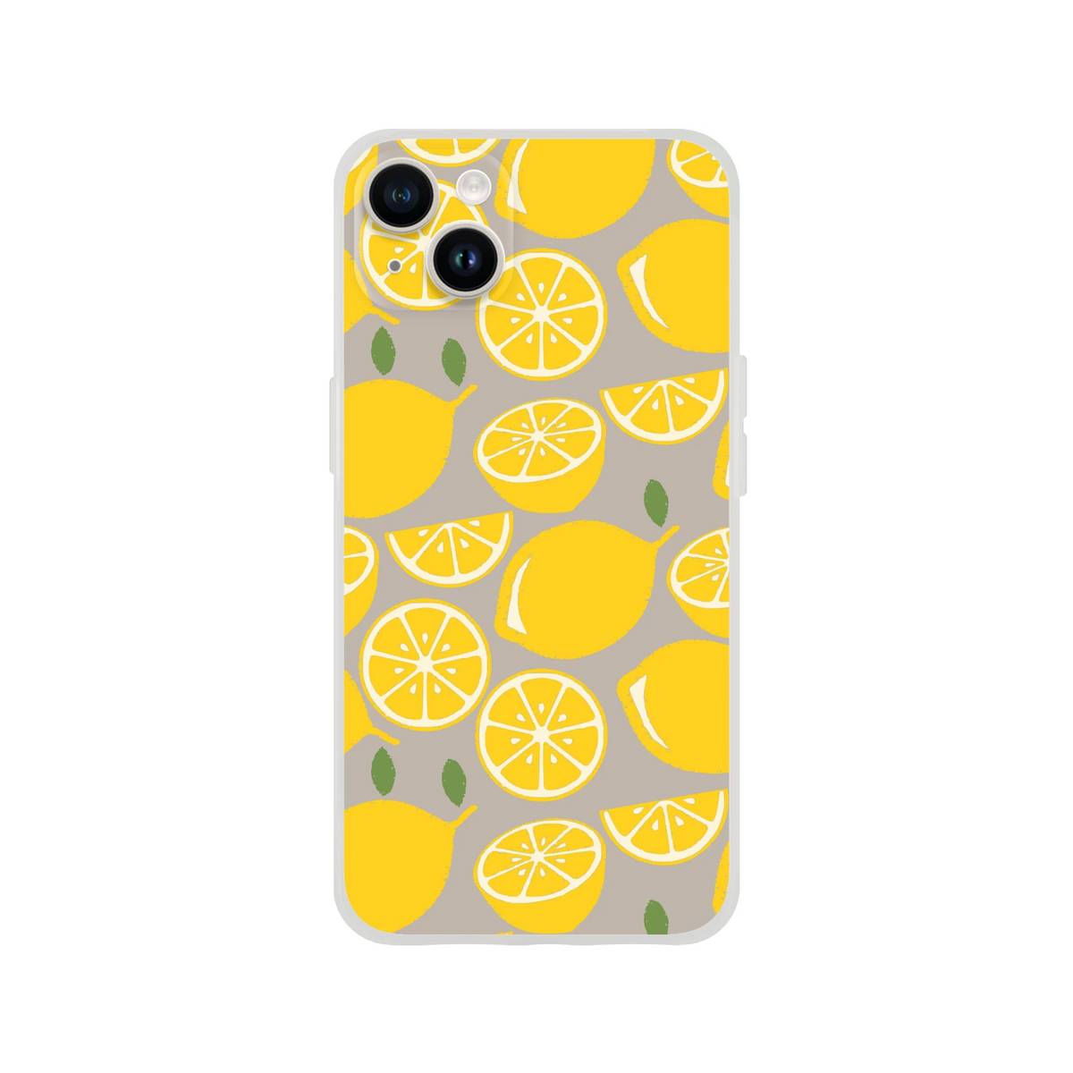 Lemon slice pattern iPhone case for 13-16, yellow citrus print on gray background.