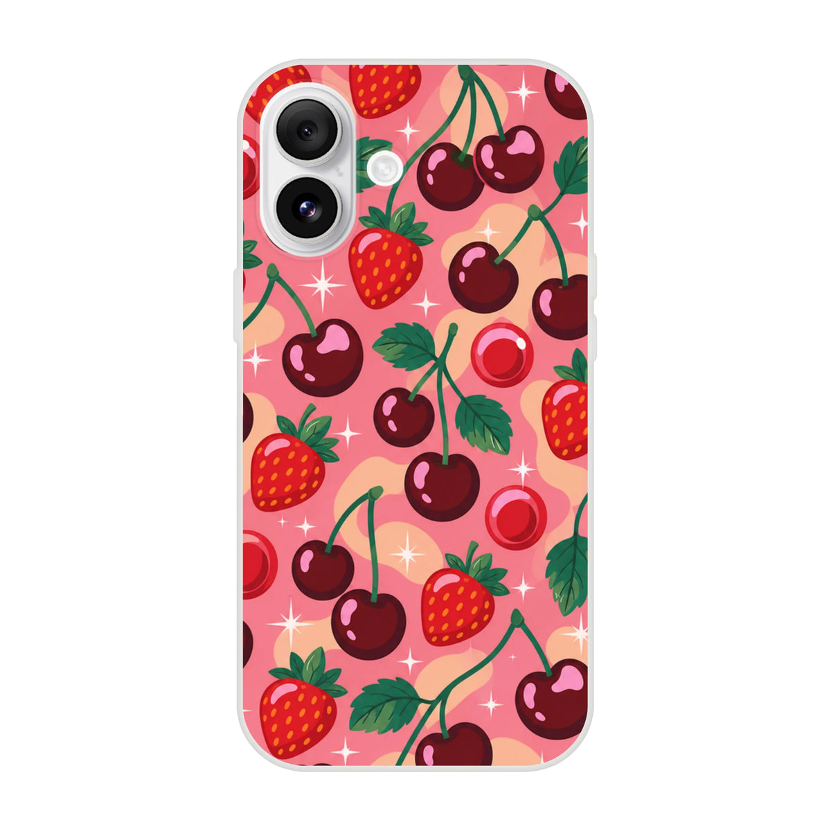Retro pink iPhone case featuring a cute cherry and strawberry fruit pattern with sparkles and wavy shapes.