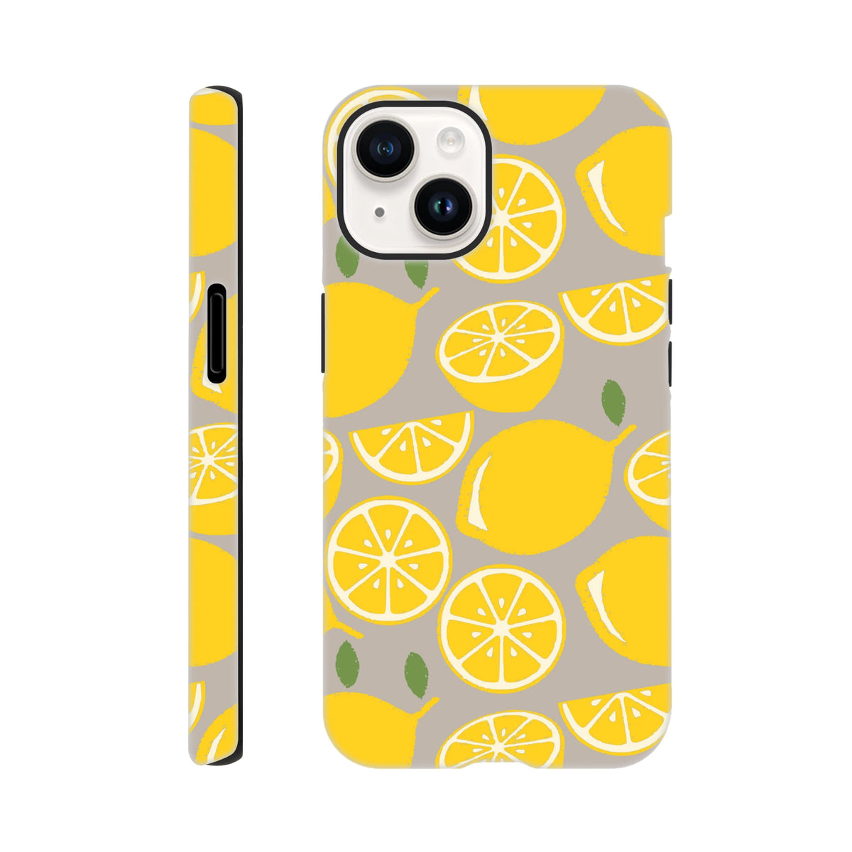 Cute yellow lemon tough iPhone case featuring a bold citrus pattern with whole and sliced lemons on a grey background.