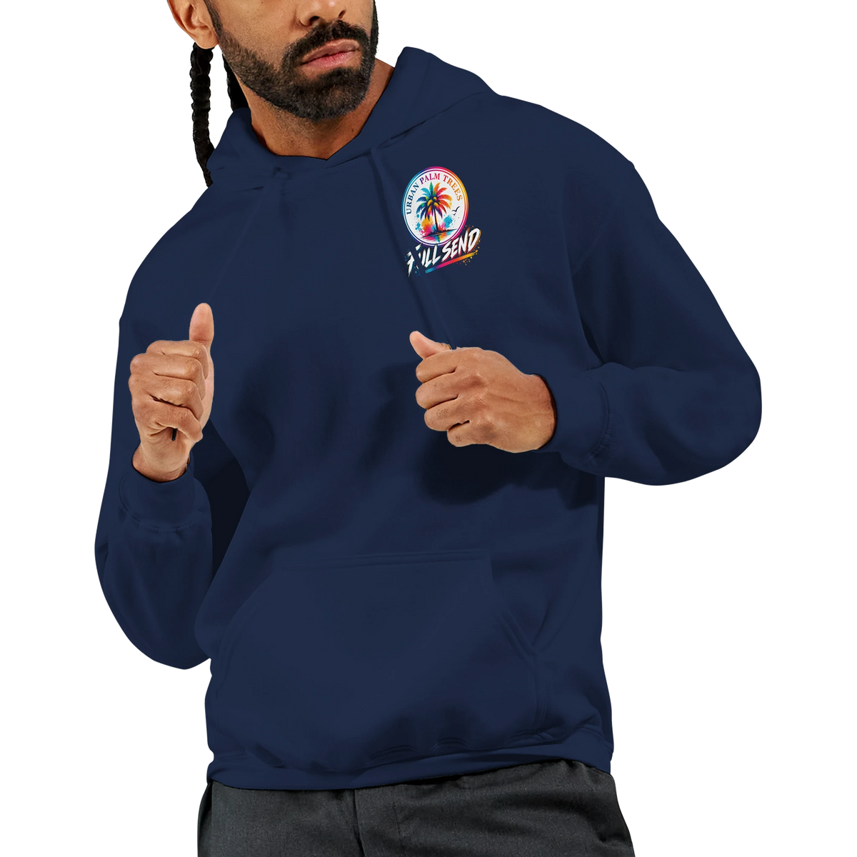 Man wearing navy hoodie with colorful Urban Palm Trees and Full Send logo giving two thumbs up.