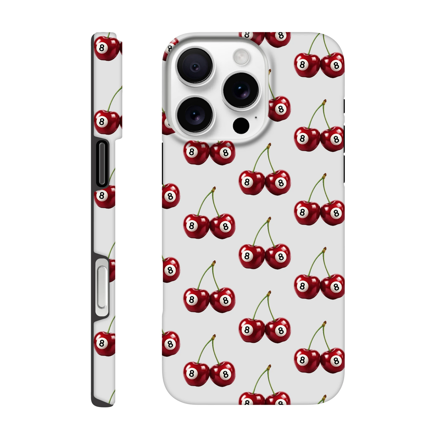 Lucky Cherries tough protective case with wraparound cherry print for iPhone 16-13, dual-layer with glossy finish.