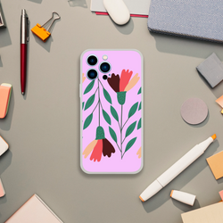 Cute floral iPhone case for 13-16 with vintage aesthetic, pink background and blossoms, slim matte finish.