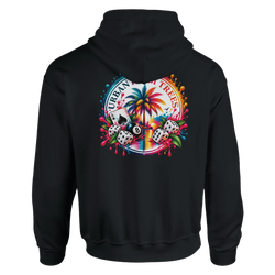 Black hoodie featuring a colorful tropical retro back print with an 8-ball, dice, palm tree, and paint splashes.