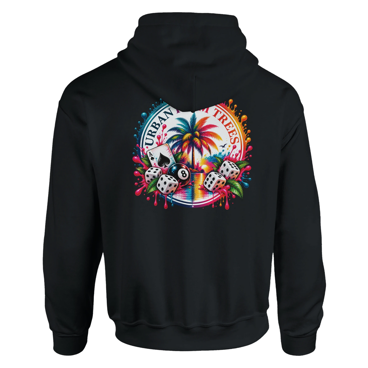 Black hoodie featuring a colorful tropical retro back print with an 8-ball, dice, palm tree, and paint splashes.