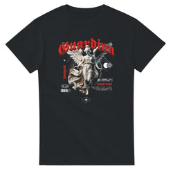 Black Gothic Guardian Angel graphic tee with white angel illustration and red Gothic text on front.