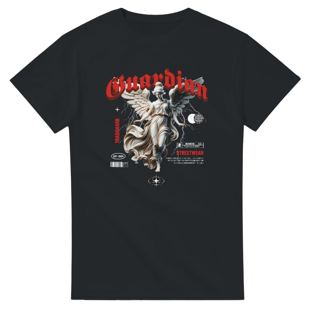 Black Gothic Guardian Angel graphic tee with white angel illustration and red Gothic text on front.