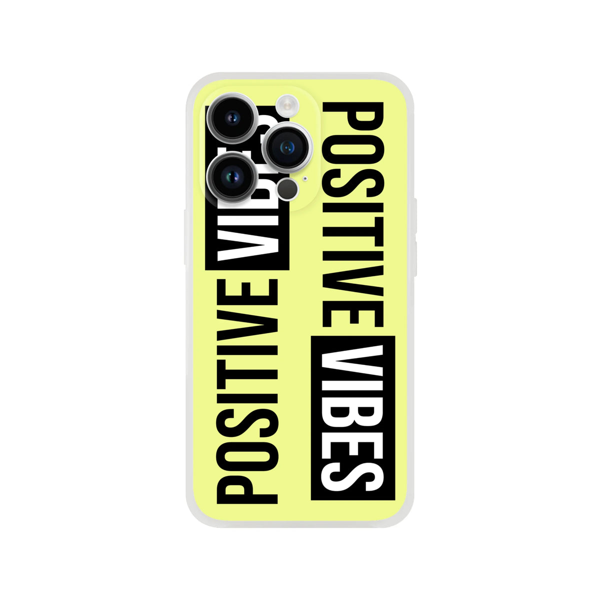 Neon yellow iPhone case for 13-16 with bold black slogan Positive Vibes in streetwear style.