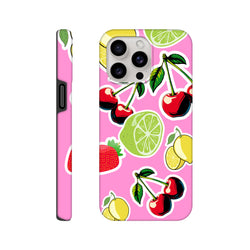 Pink tough iPhone case featuring cherry, lime, and lemon fruit sticker effect design for streetwear style and shock absorption.