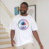 Smiling man wearing a white retro palm tree T-shirt for men with colorful circular Urban Palm Trees design.
