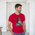 Man in red Statue Of Liberty DJ T-shirt with Lady Liberty spinning at turntables.