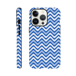 Blue & white retro zigzag iPhone case with wraparound print. Tough dual-layer TPU design offers shock absorption and glossy finish for daily impact resistance.