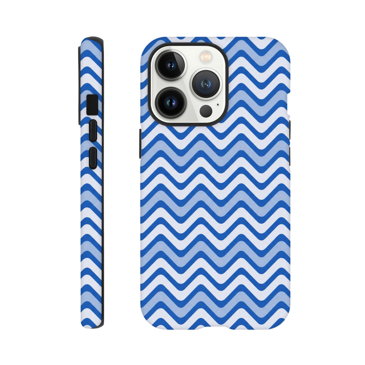 Blue & white retro zigzag iPhone case with wraparound print. Tough dual-layer TPU design offers shock absorption and glossy finish for daily impact resistance.