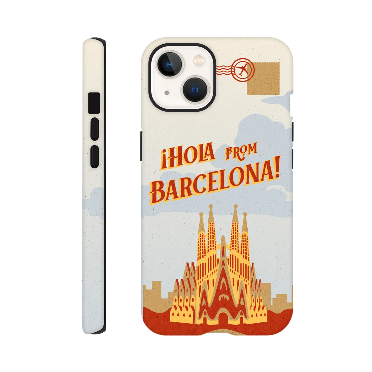 Barcelona Travel Postcard Tough iPhone Case for iPhone 13-16; cream wraparound print with Hola from Barcelona.