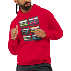 Red men's hoodie featuring a grid of colorful retro cassette tape graphics for a vintage 90s music aesthetic.
