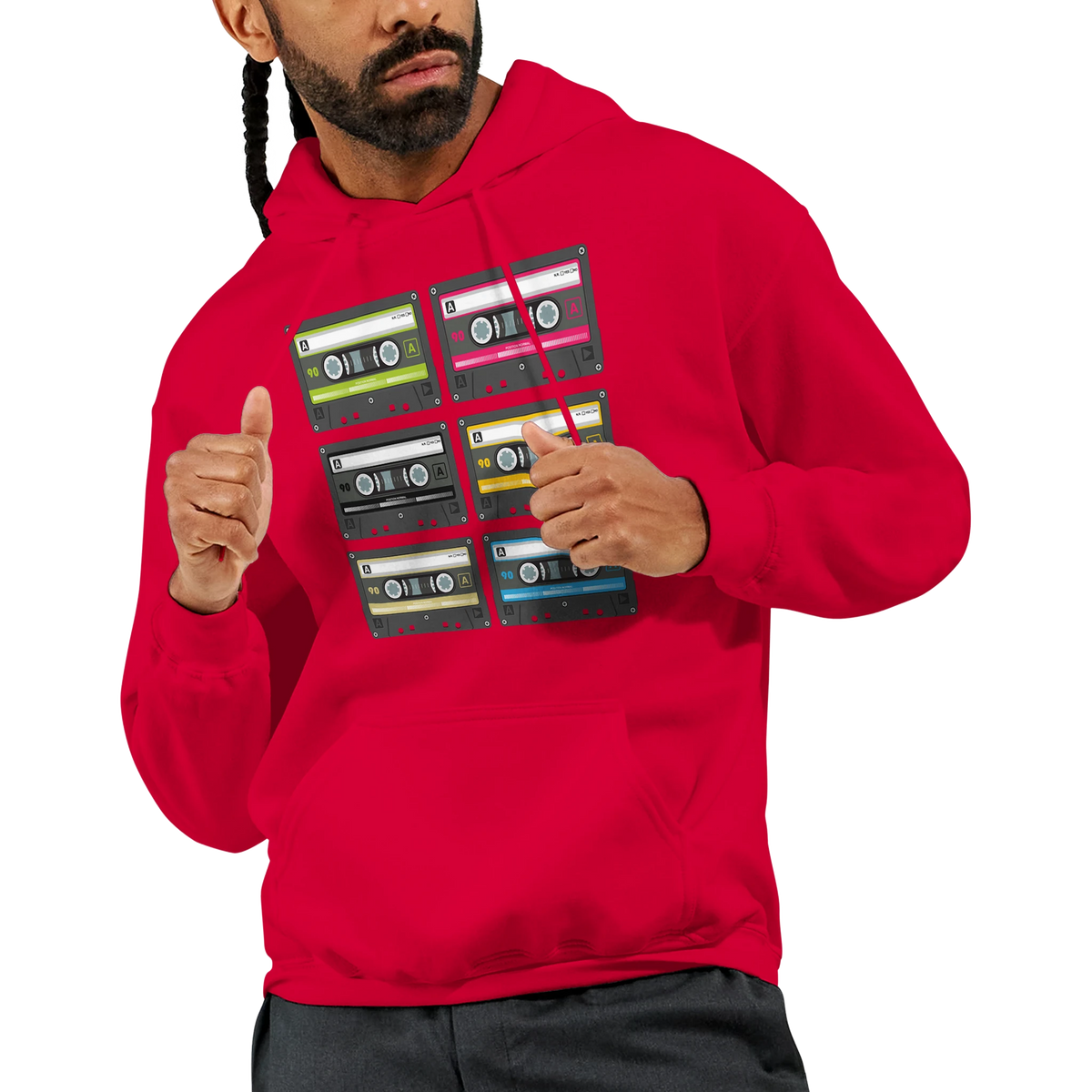 Red men's hoodie featuring a grid of colorful retro cassette tape graphics for a vintage 90s music aesthetic.