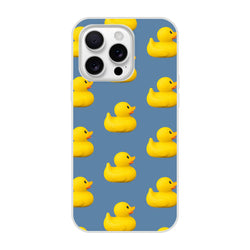 Blue aesthetic rubber duck print iPhone case for 13-16; yellow ducks on blue background, matte finish.