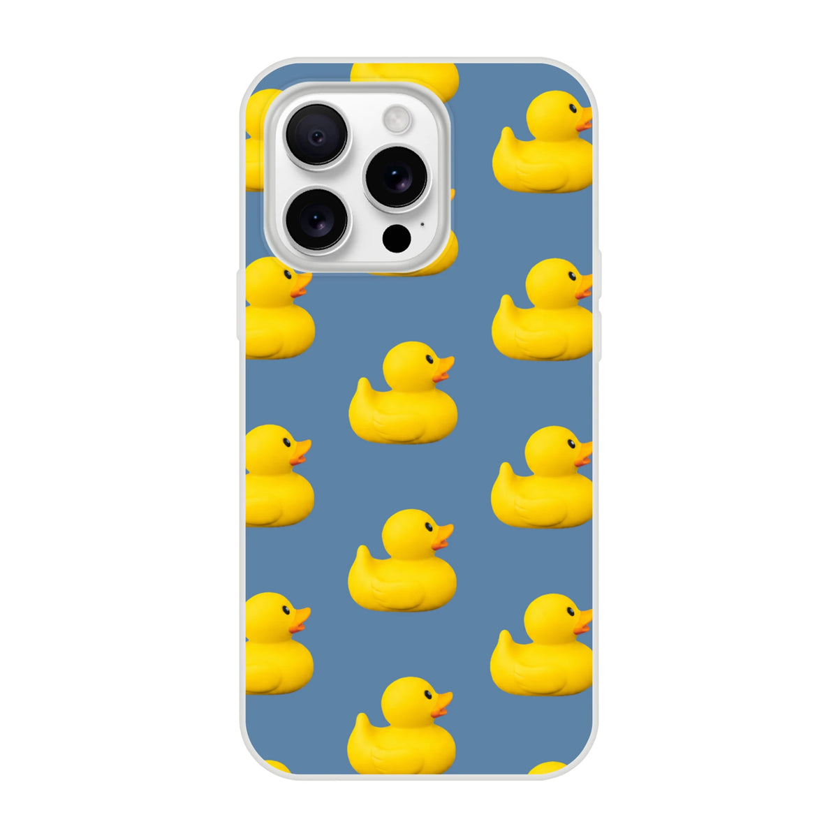 Blue aesthetic rubber duck print iPhone case for 13-16; yellow ducks on blue background, matte finish.