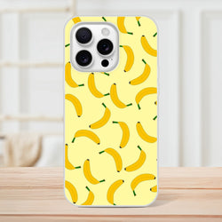 Yellow banana-pattern iPhone case for iPhone 13–16 with a slim matte-finish shell.