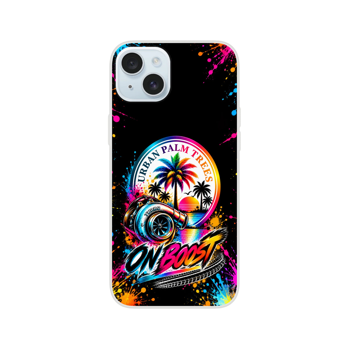 Vibrant iPhone case featuring a neon turbocharger, palm trees, and "On Boost" typography against a colorful paint splatter background.
