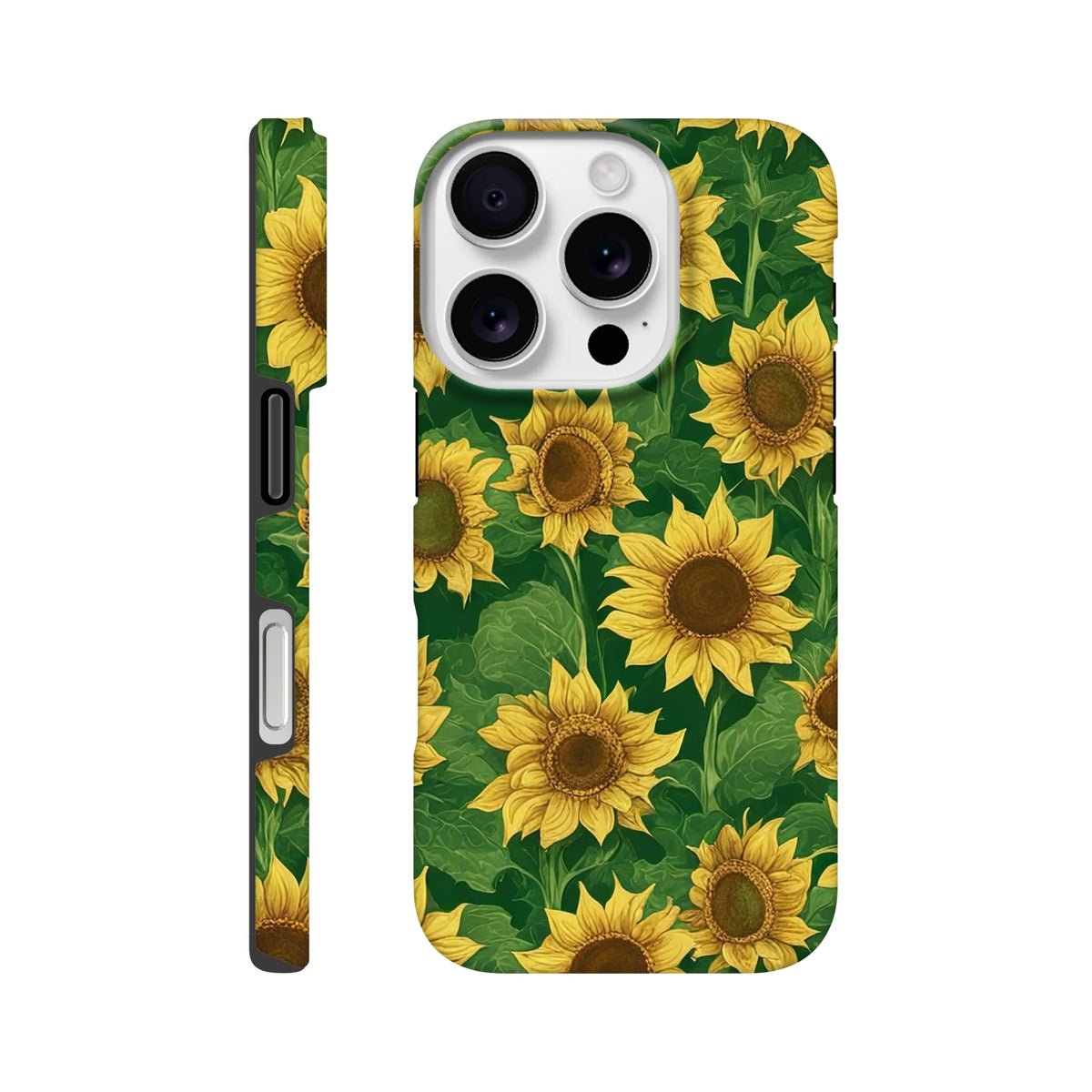 Tough iPhone case featuring a vibrant sunflower floral wraparound print for drop protection and botanical streetwear style.