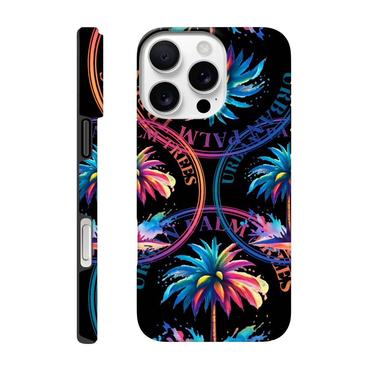 Urban Palm Trees tough iPhone case featuring vivid neon tropical trees and bold typography on a black background for streetwear style.
