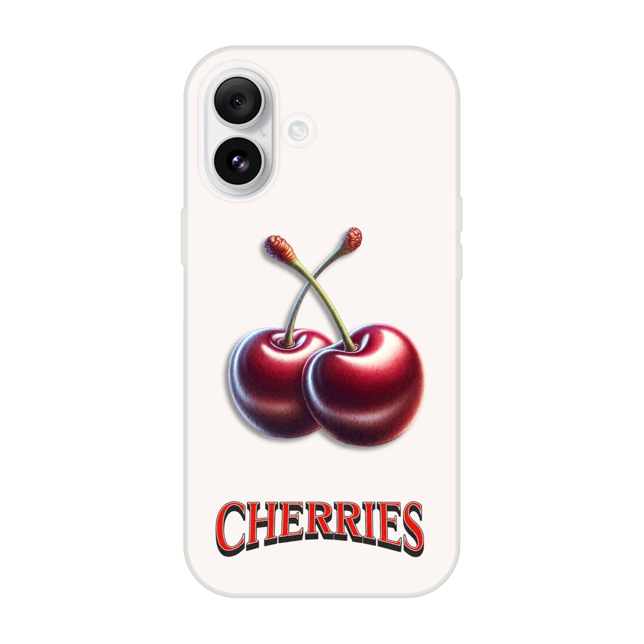 Cherry iPhone case slim protective cover with two cherries and CHERRIES text on light background.