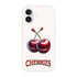 Cherry iPhone case slim protective cover with two cherries and CHERRIES text on light background.