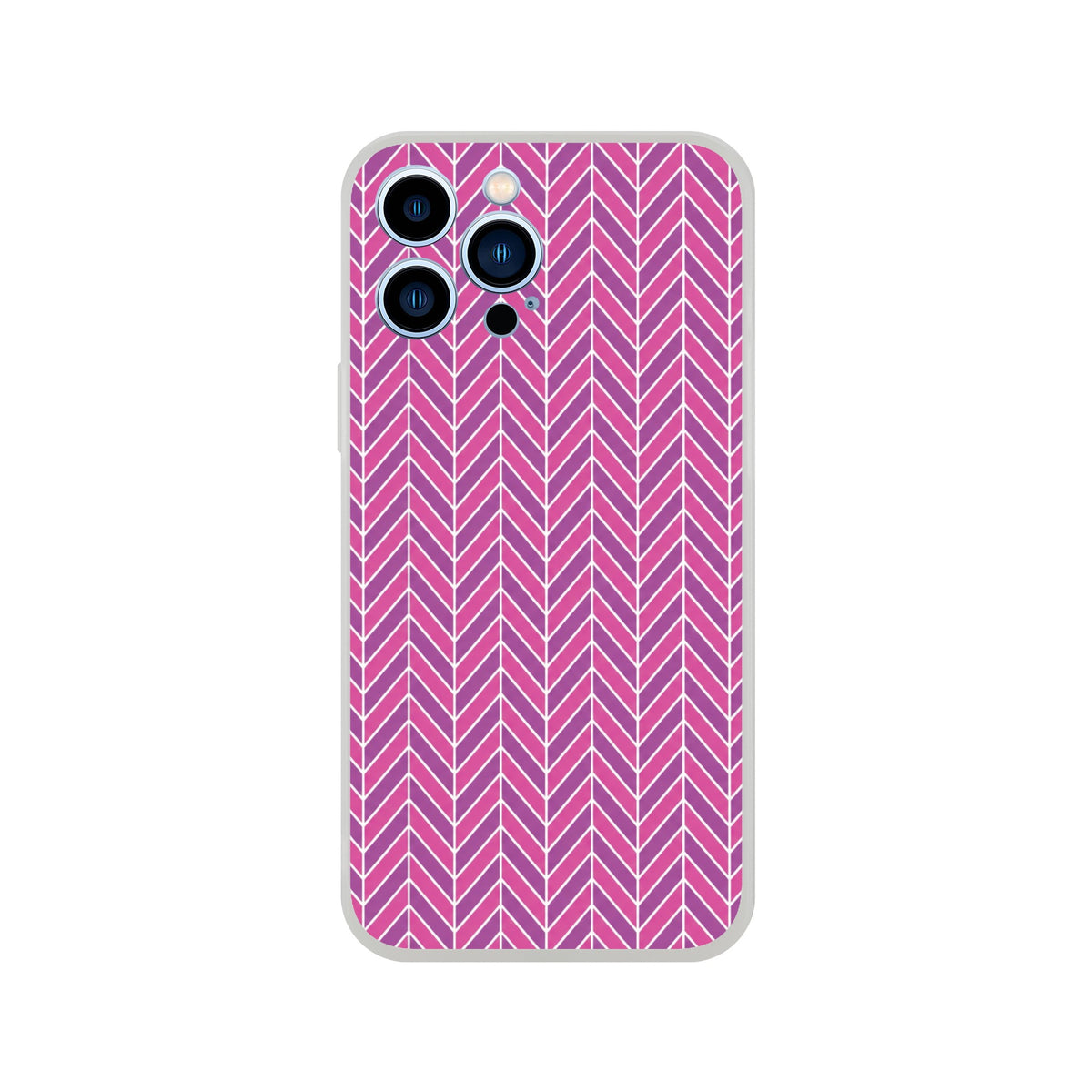 Pink herringbone geometric iPhone case with gradient chevron pattern. Slim frosty transparent TPU protective cover for iPhone 13-16 series.