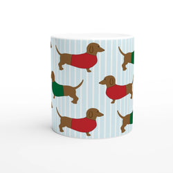 Dachshund-pattern ceramic mug with light blue stripes and dogs in red and green sweaters.